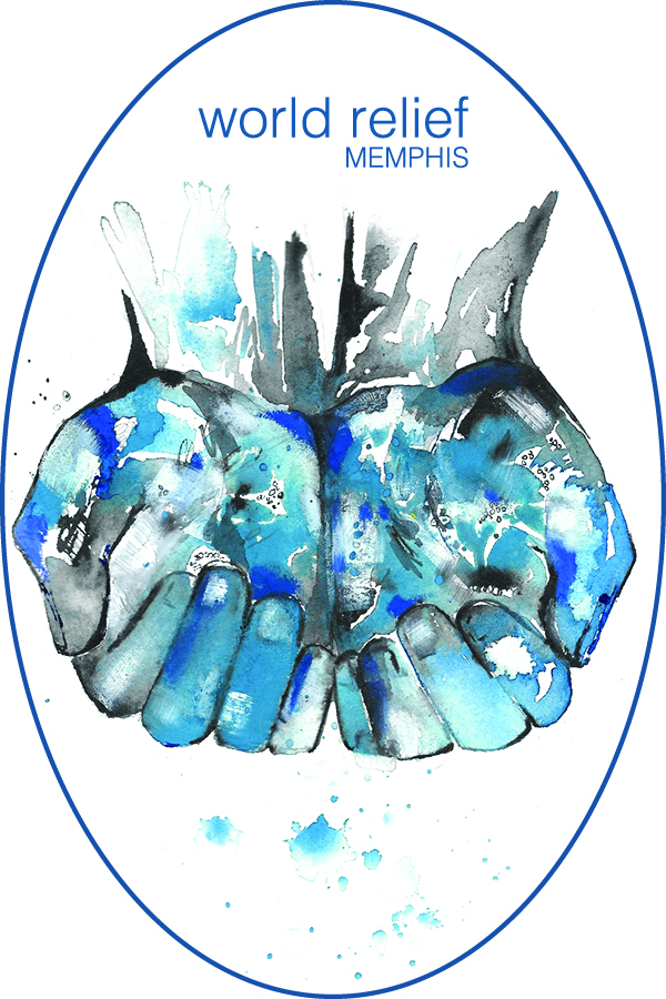 Painting of hands holding blue water